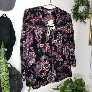 Lucky Brand NWT Floral Boho Black Blouse